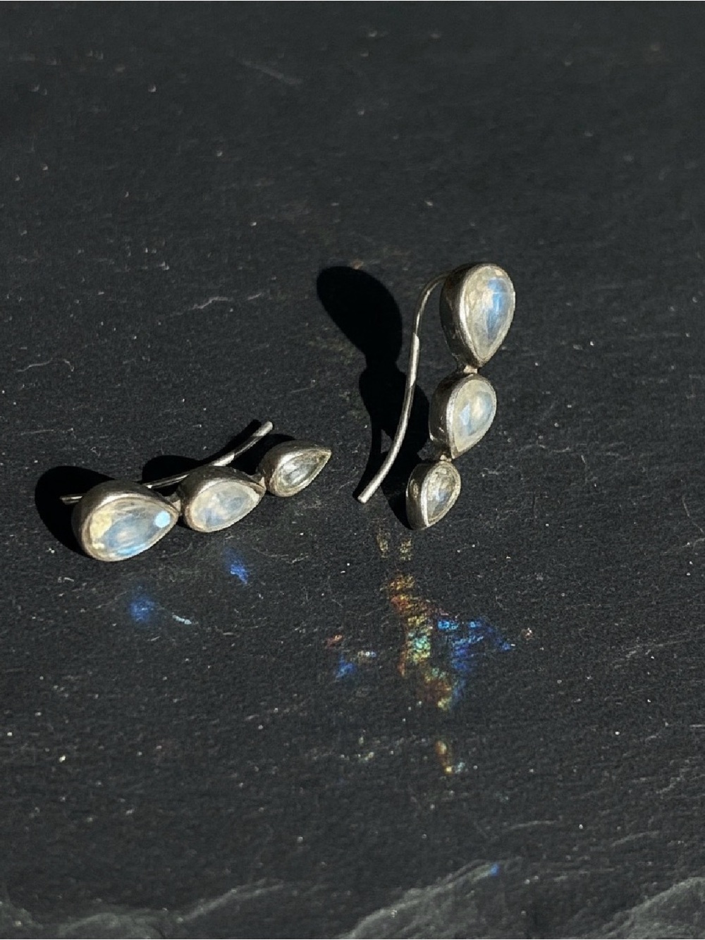 Sterling Silver Rainbow Moonstone Teardrop Ear Climbers